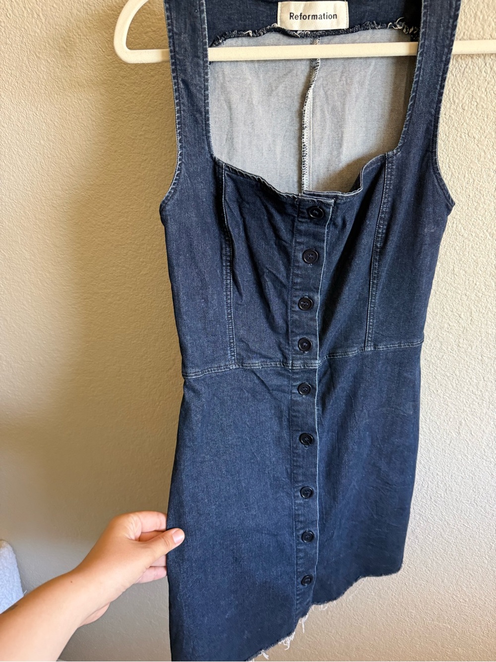 Reformation Lars Denim Mini Dress 100% Cotton Square Neck Dark Wash Size 4 - Picture 3 of 8